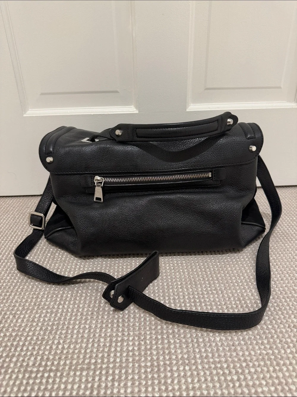Sandro Black Leather Tote with Silver Zipper Details